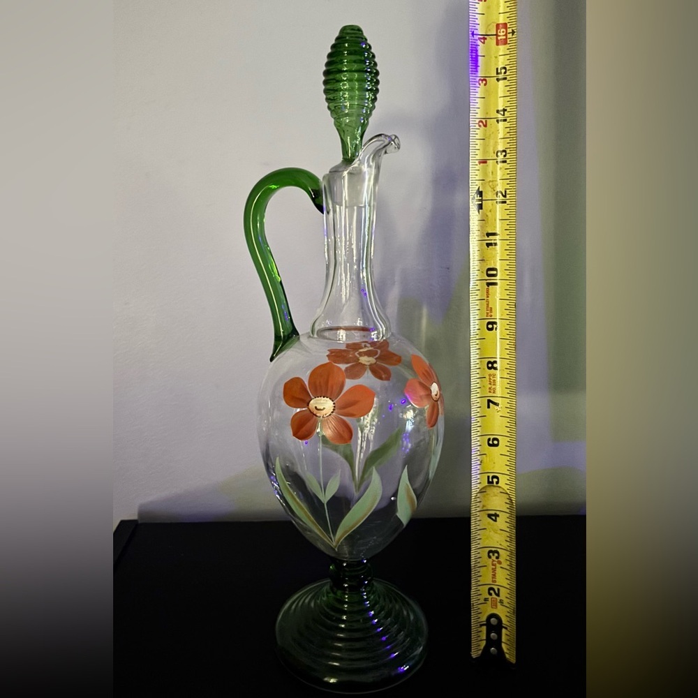 Artisan Glass Ewer with Green and Orange Floral Design​